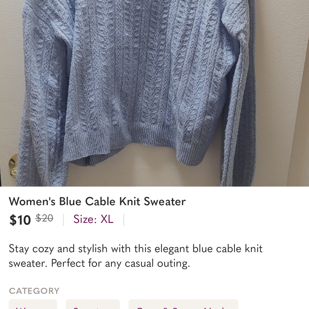 Elegant Blue Crew Neck Cable Knit Sweater